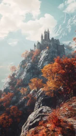Gothic mountain citadel in autumnal alpine panorama digital painting.