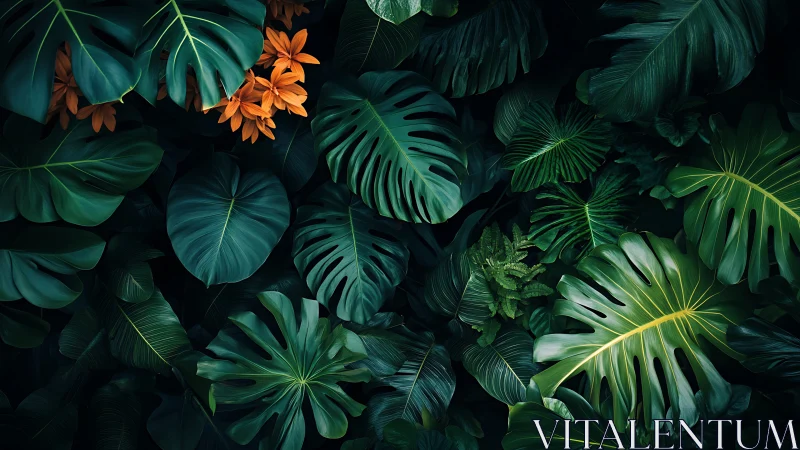 Emerald jungle leaves with secret embers of orange bloom glow.