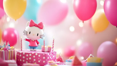 Hello Kitty Character 3D Render Birthday Cake Celebration Scene