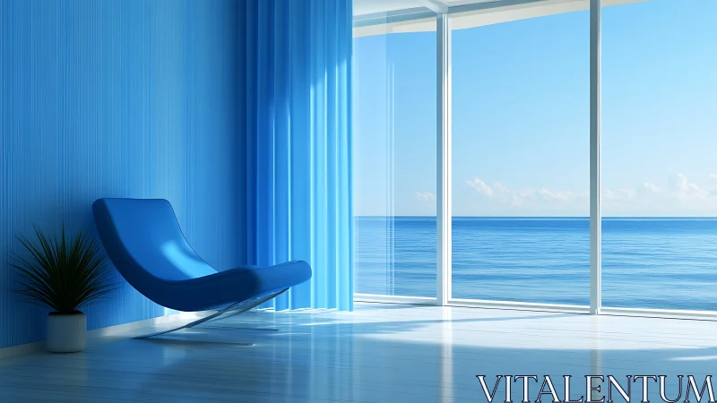 Modern blue lounge chair in coastal room with sea view.