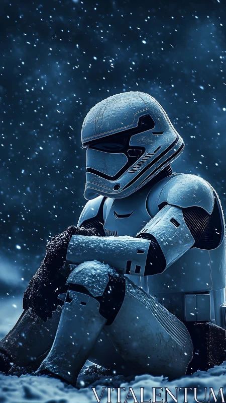 Lonely armored sci fi soldier sitting in heavy snowfall.