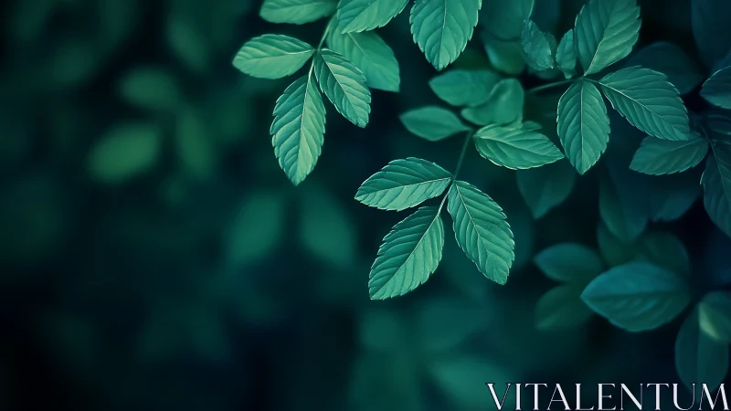 Teal forest leaves glow over deep shadowed background.