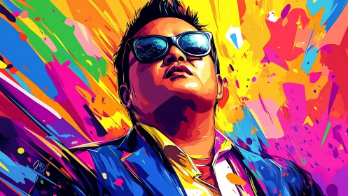 Bold sunglasses portrait bursting with neon rainbow energy.