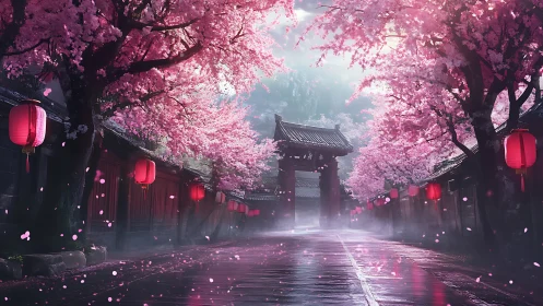 Cherry blossoms frame misty temple gate in cinematic dusk lighting