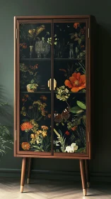Mid-century display cabinet with dark floral glass panel inlay
