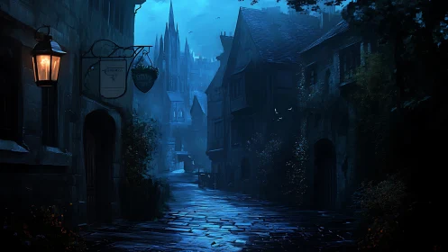 Gothic alley at night rendered in high-contrast digital painting