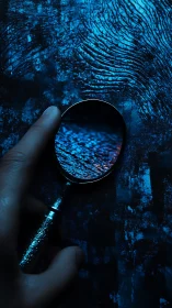 Forensic magnifier inspects glowing blue fingerprint ridge