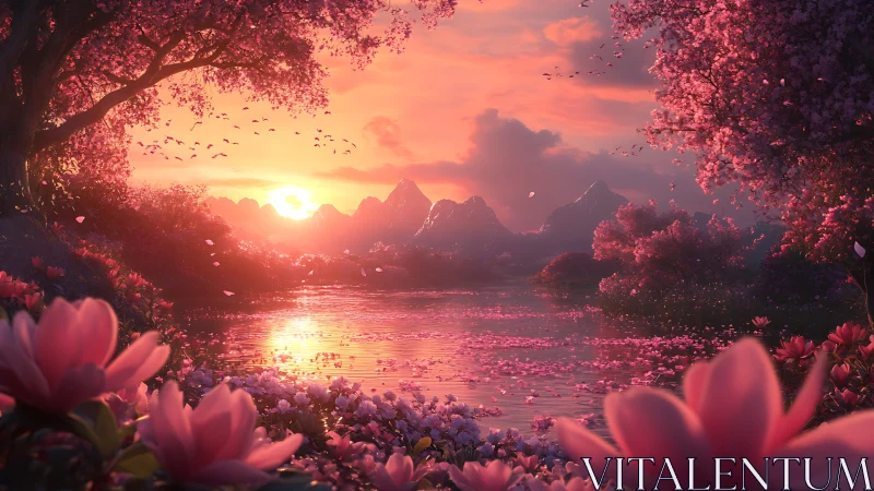 Sunset blossoms mirror over tranquil rose-gold lake.