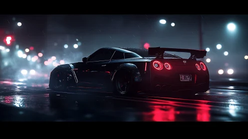 Nocturnal GT coupe under wet neon-laced cinematic streetlight.