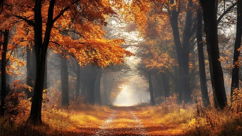 Atmospheric tunnel perspective through autumn forest canopy with volumetric light