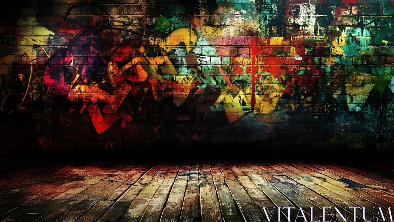 Graffiti-splashed brick wall glows above worn wooden floor.
