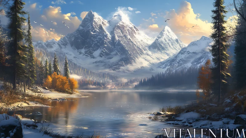 Snow-covered mountain lake with mixed conifer forest scenery.