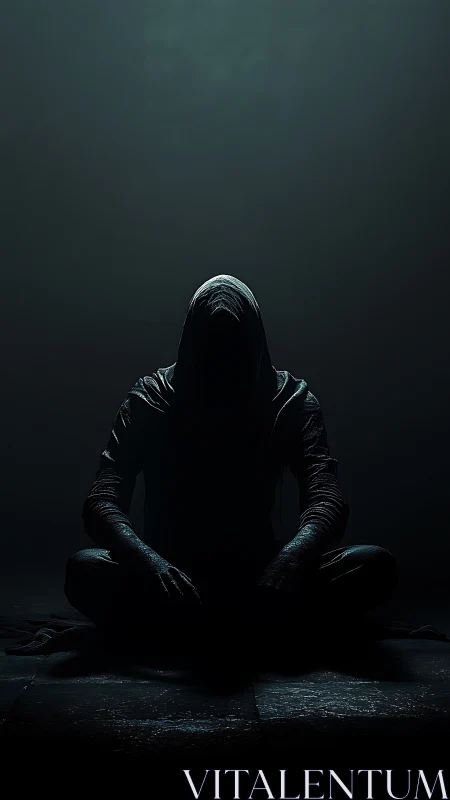 Hooded figure in low-key chiaroscuro lighting sits in shadow