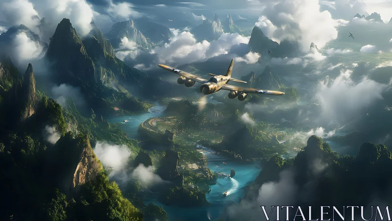 Warbird drifts above emerald archipelago of rising mist.