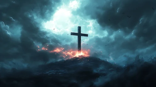 Lone cross on stormy hill under turbulent glowing skies.