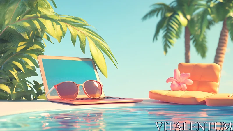 Laptop by pool with sunglasses and tropical lounge chair.