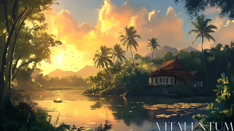 Sunlit river refuge beneath palm crowns at tropical dawn.