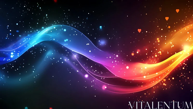 Colorful light waves cross cosmic night with glowing hearts.