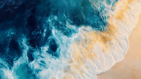 Rolling teal surf washes over golden shoreline in motion.