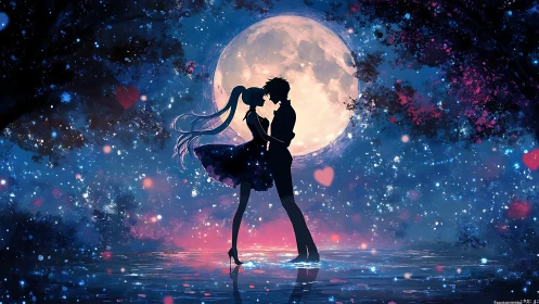 Lovers share a moonlit kiss in a shimmering starlit dream