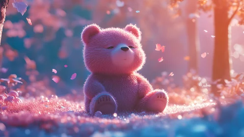 Serene pastel bear meditating in dreamy forest glow.
