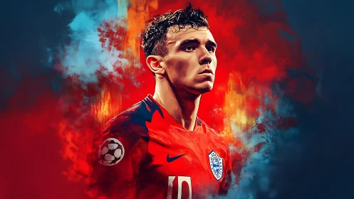 Footballer portrait in red kit amid blazing color field.