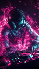 Neon DJ performance with magenta flame effects, vertical digital art.