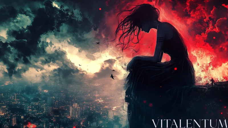 Silhouetted figure over bifurcated storm-lit cyberpunk metropolis.