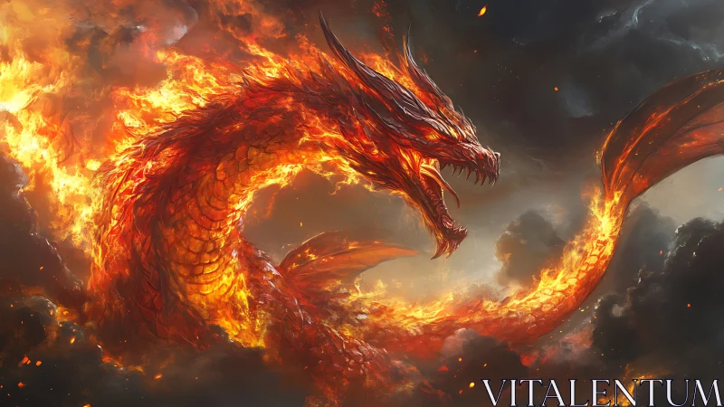 Fire dragon serpent roars through stormy burning clouds