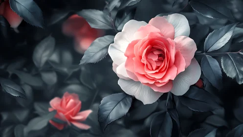 Pink Rose with White Petals in Moody Garden.