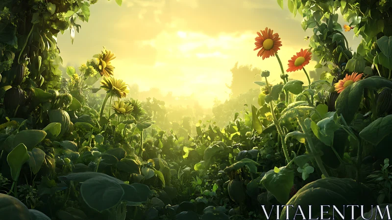 Sunlit wildflower clearing in dense green garden foliage.