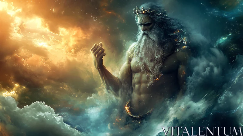 Mythic storm deity emerging from swirling cosmic clouds.