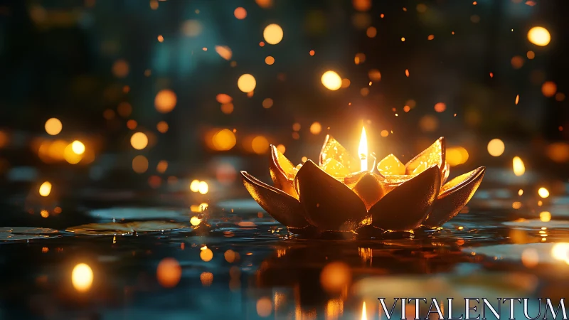 Photorealistic lotus candle on water with cinematic bokeh lighting.