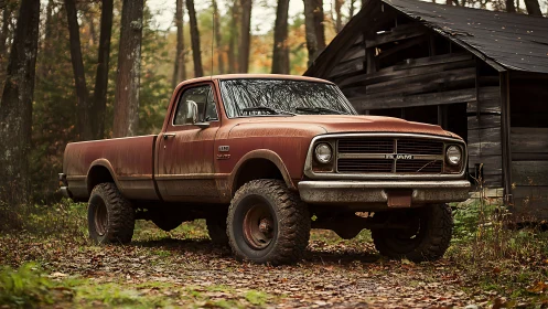 Old rusted pickup truck parked beside weathered wooden shed.
