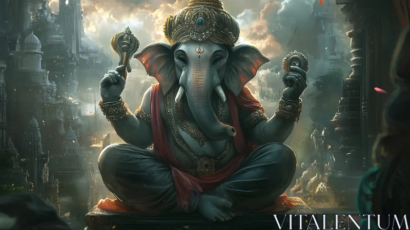 Majestic elephant deity sits in misty temple cityscape.