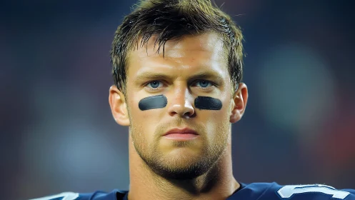 Close frontal portrait of male gridiron player on field.