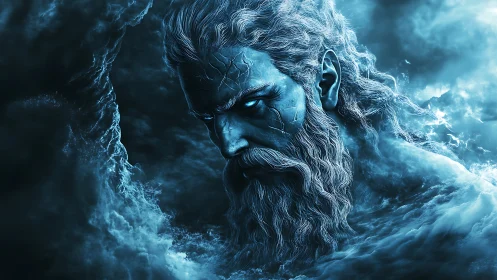 Mythic bearded male figure emerging from turbulent clouds.