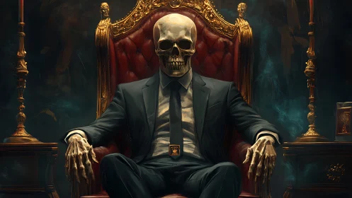 Skeleton in suit seated on ornate red and gold throne.