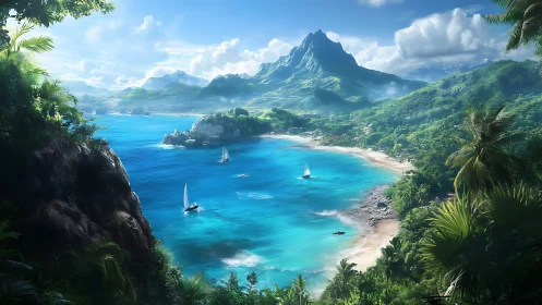Tropical Paradise Bay with Mountain Peak and Sailboats