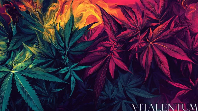 Colorful cannabis leaves glow against a fiery neon backdrop