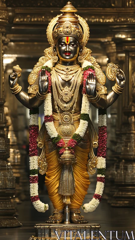Gilded Vishnu idol with flower garlands in ornate shrine.