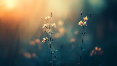 Small Flowers Blooming in Golden Sunrise Light