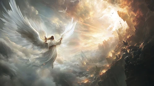 Radiant angel rises over stormy skies and distant ruins