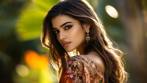 Sunlit portrait captures serene elegance in a lush garden glow