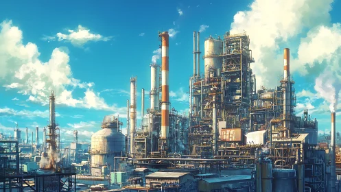 Steel chimneys converse with clouds above a dreamy refinery