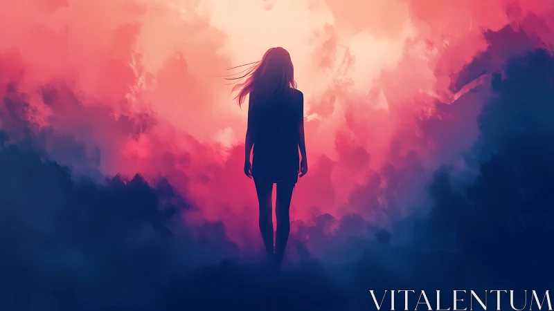 Silhouetted wanderer amid luminous magenta cloudscape.