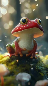 Red-eyed tree frog rests on moss under dreamy bokeh light.