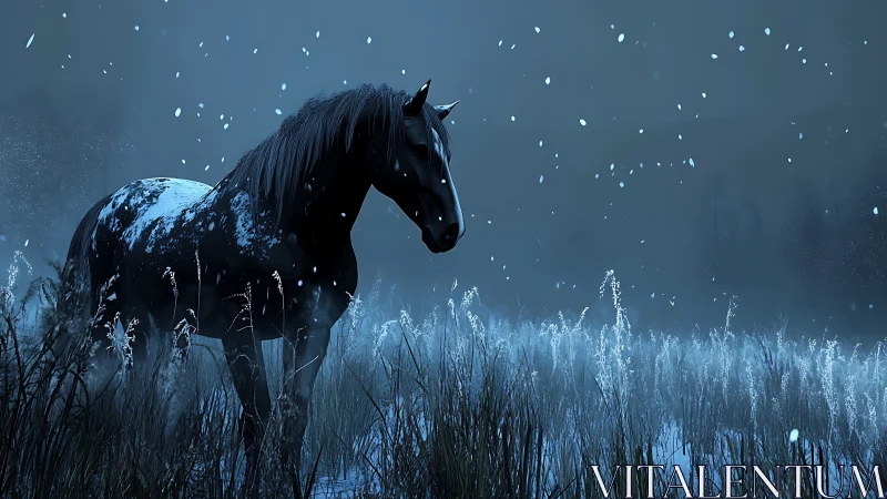 Midnight horse wandering softly through falling snow.