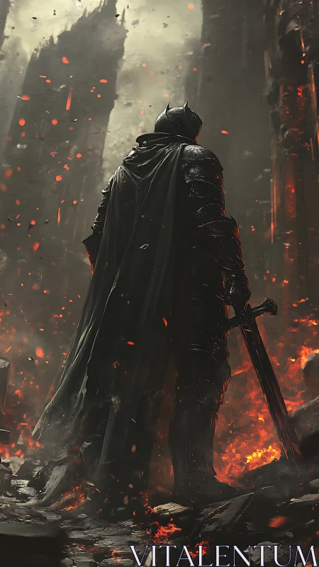 Armored dark knight overlooking ruined burning city.