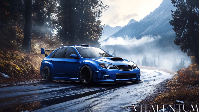 Photorealistic blue rally sedan on misty alpine switchback road.